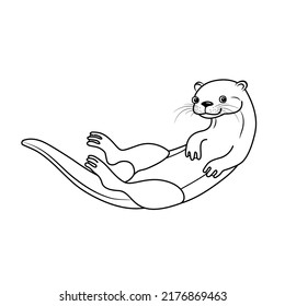 Vector hand drawn outline doodle sketch cute otter isolated on white background. Happy otter swimming and smiling underwater. Black and white animal illustration. 