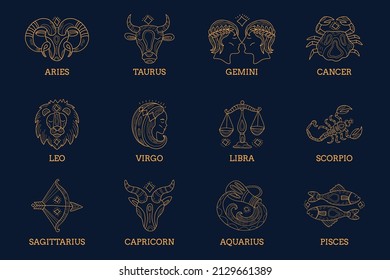 Vektor handgezeichnet Umrisse goldener Zodiakzeichen auf blauem Hintergrund.