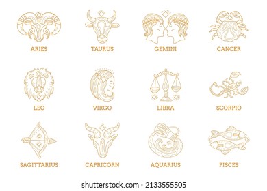 Los signos de zodiaco dorado dibujados a mano del vector sobre fondo blanco. 