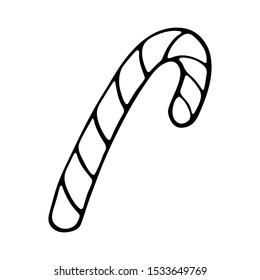 Vector hand drawn outline illustration of sweet candy cane. Black contour doodle in line art style. New Year and Christmas treat. Coloring book design element. Poster or greeting card template