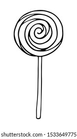 Vector hand drawn outline illustration of sweet candy or lollipop. Black contour doodle in line art style. New Year and Christmas treat. Coloring book design element. Poster or greeting card template