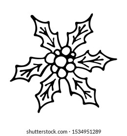 Vector hand drawn outline illustration of Christmas holly berry. Black contour doodle, line art style. New Year or Christmas decoration. Coloring book design element. Poster or greeting card template