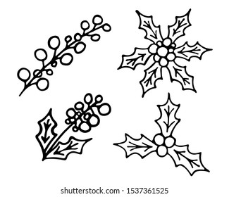 Vector hand drawn outline illustration of Christmas holly berry set. Black contour doodle, line art. New Year or Christmas decoration. Coloring book design element. Poster or greeting card template