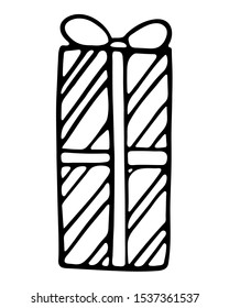 Vector hand drawn outline illustration of rectangle Christmas gift box. Black contour doodle, line art. New Year and Christmas decoration. Coloring book design element. Poster, greeting card template