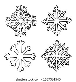 Vector hand drawn outline illustration of snowflakes set. Black contour doodle in line art style. Winter, New Year and Christmas symbol. Coloring book design element. Poster or greeting card template