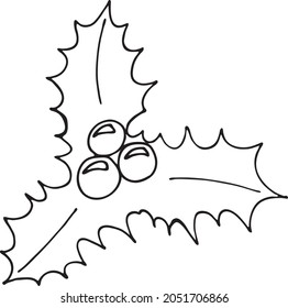 Vector hand drawn outline illustration of Christmas holly berry. Black vector image, doodle style. New Year or Christmas decoration. A design element of a greeting card, coloring pages, letters.
