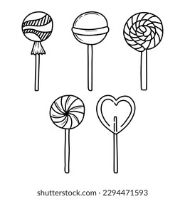 Vector hand drawn outline illustration of sweet candies. Set of candy lolipop Black contour doodle in line art style. 