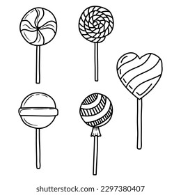 Vector hand drawn outline illustration of sweet candies. Set of candy lolipop Black contour doodle in line art style. 