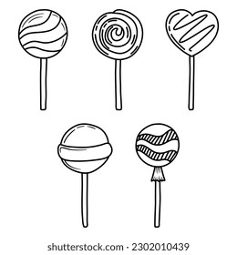 Vector hand drawn outline illustration of sweet candies. Set of candy lolipop Black contour doodle in line art style. 
