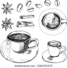 Vector hand drawn outline illustration with set of a coffee mug top view, espresso, cappuccino, cinnamon sticks, anises and coffee beans. Can be used on fabrics and paper products and other. 