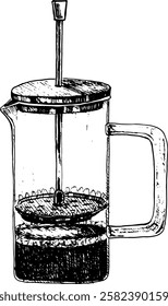 Vector hand drawn outline illustration with glass french press for brewing coffee, coffee drinks, tea and herbal drinks. Can be used on fabrics and paper products and other	