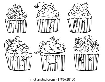 Vektor handgezeichnet Umriss Cupcakes Set. Köstliche Dessertfarben