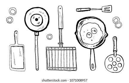 Vector hand drawn outline ink black and white sketch illustration of kitchen devices for grill on white background