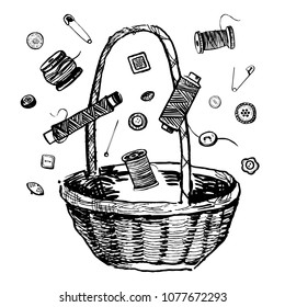 Vector hand drawn outline ink illustration with spool of threads, wooden box, buttons and needles on white background