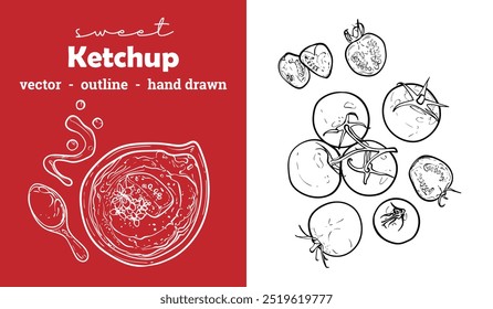 Contorno desenhado à mão vetor apenas pasta ketchup. Molho doce e mergulhar com ingredientes na lateral. Incríveis recursos alimentares para design de menu, on-line e projetos de impressão.