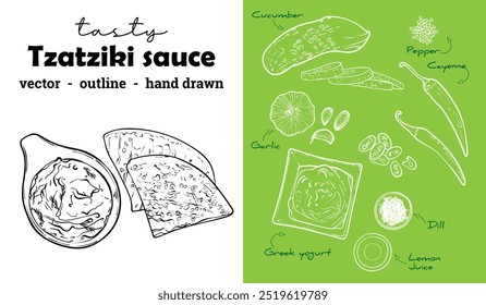 Contorno desenhado à mão vetor apenas molho tzatziki. Molho cremoso mergulhar com pita e ingredientes na lateral. Incríveis recursos alimentares para design de menu, on-line e projetos de impressão.