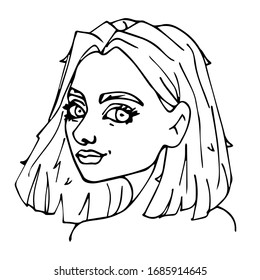 vector hand drawn outline portrait of a young beautiful smiling girl isolated on a white background. coloring