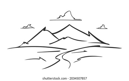 Image vectorielle plan dessiné à la main croquis paysages de montagnes avec route au premier plan