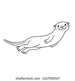 Vector hand drawn outline sketch cute otter isolated on white background. Happy otter swimming and smiling underwater. Black and white animal illustration.