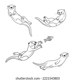 Vector hand drawn outline sketch cute otter isolated on white background. Happy otters swimming and smiling underwater. Black and white animal illustration.