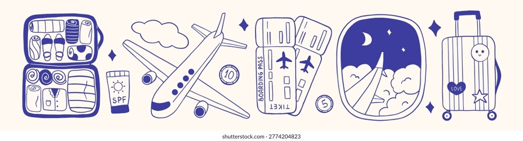 Vector hand drawn outline sketch monochrome doodle blue mediterranean navy travel trip set. Suitcase, sunscreen, flying airplane with cloud, boarding pass ticket, airplane window night sky view.