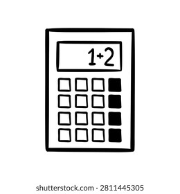Vector hand drawn outline sketch monochrome doodle calculator for math and education. School device icon for arithmetic, learning and classroom study.