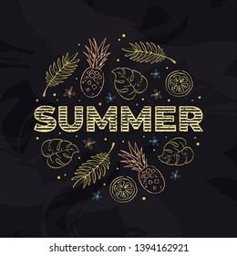 Vector hand drawn outline summer poster template. Flat banner design for advertising beach holiday events, tourism. Chalk outline pineapple, lemon, leaf, flowers on chalkboard background.
