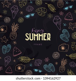 Vector hand drawn outline summer banner template. Circle cute poster design for advertising beach holiday, island tourism. Chalk outline fruits, touristic equipment, flowers and hearts on chalkboard.