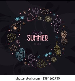 Vector hand drawn outline summer banner template. Circle poster design for advertising beach holiday, island tourism. Chalk outline fruits, touristic equipment and flowers on chalkboard.