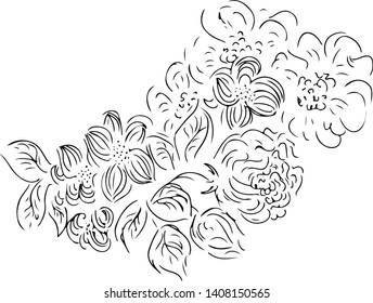 Vector hand drawn outline tropical leaves and flowers isolated on white background. Exotic botanical design elements for wedding invitation cards, cosmetics, spa, perfume, beauty salon