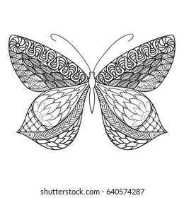 Vector hand drawn outline zentagle inspired doodle monochrome illustration of  butterfly, coloring book page for adult with high details. 
