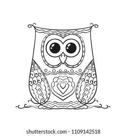 Vector hand drawn owl for adult and children coloring book, Black and white zentangle art illustration