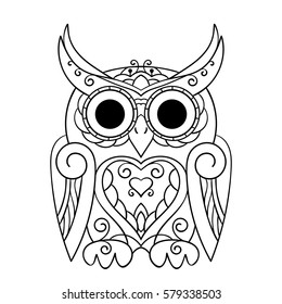 Vector hand drawn owl for adult and children coloring book, Black and white zentangle art illustration 