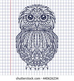 Vector hand drawn Owl bird on background. Black and white zentangle art. Ethnic illustration for antistress book,tattoo,design,print,clothes, t-shirt,poster. Boho style. Sophisticated graphic drawing.