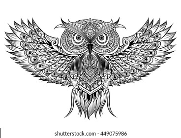 Vector hand drawn Owl. Black and white zentangle art. Ethnic patterned illustration for antistress coloring book, tattoo, poster, print, t-shirt.