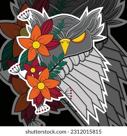 Lechuza dibujada a mano por vectores. Ilustración con patrones étnicos para libro de colorantes antiestrés, tatuaje, afiche, impresión, camiseta.
