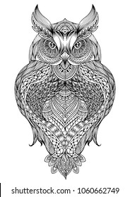 Vector hand drawn Owl sitting on branch. Black and white zentangle art. Ethnic patterned illustration for antistress coloring book, tattoo, poster, print, t-shirt.