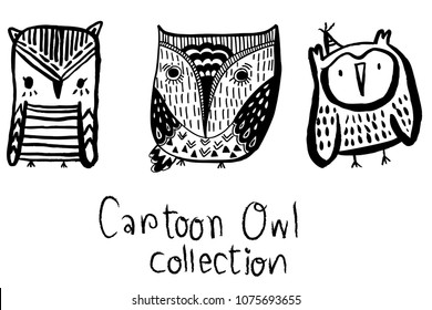 Vector hand drawn Owl sitting on branch. Black and white illustration for coloring book, tattoo, poster, print, t-shirt, cartoon doodle