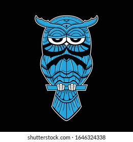 Vector hand drawn Owl sitting on branch. Owl logo vector illustration for tshirt design in black background.