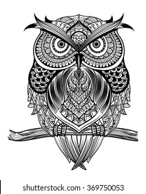 Vector hand drawn Owl sitting branch  Black   white zentangle art  Ethnic patterned illustration for antistress coloring book  tattoo  poster  print  t  shirt 