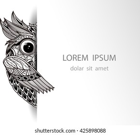 Vector hand drawn Owl sitting on branch. Black and white zentangle art. Ethnic patterned illustration for antistress coloring book, tattoo, poster, print, t-shirt.