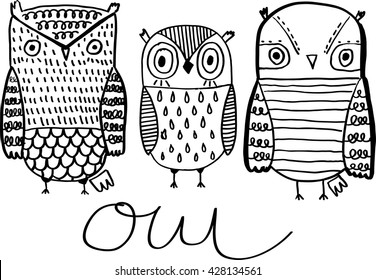 Vector hand drawn Owl sitting on branch. Black and white illustration for coloring book, tattoo, poster, print, t-shirt, cartoon doodle
