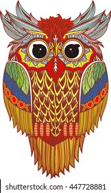 Vector hand drawn Owl sitting on branch. Black and white zentangle art.Vector illustration of owl. tattoo, poster, print, t-shirt.