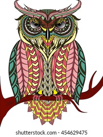 Vector hand drawn Owl sitting on branch. Black and white zentangle art.Vector illustration of owl. tattoo, poster, print, t-shirt.