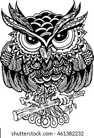 Vector hand drawn Owl sitting on branch. Black and white zentangle art.Vector illustration of owl. tattoo, poster, print, t-shirt.