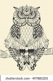 Vector hand drawn Owl sitting on a branch.  Black and white zentangle art. Tribal Owl  illustration for print, card, coloring book and other cover design
