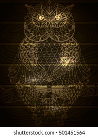 Vector hand drawn Owl sitting on a branch. Golden shimmering Owl & wood textured background.  Zentangle art. Tribal Owl illustration for print, card, coloring book and other cover design