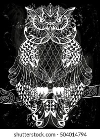 Vector hand drawn Owl sitting on a branch. Black and white zentangle art. Tribal Owl illustration for print, card, coloring book and other cover design