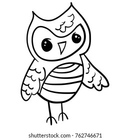 Vector hand drawn Owl sitting on branch. Black and white illustration for coloring book, tattoo, poster, print, t-shirt, cartoon doodle