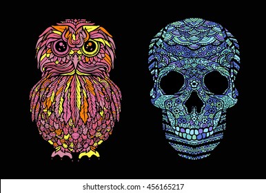Vector hand drawn Owl and skull on black background. Color zentangle art. Ethnic illustration for antistress book,tattoo,design,print,clothes,t-shirt,poster. Boho style. Sophisticated graphic drawing.